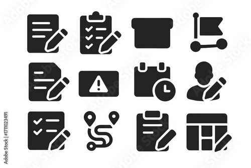 Project Task Editing Icons. Solid style icons of project and task editing: task card with pencil, checklist edit icon, project