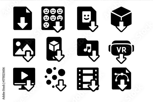 Digital Asset Icons. Solid style icons of digital asset import: import icons pack, load emoji set, sticker sheet upload, 3D model