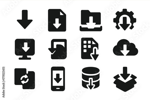 Solid Data Import Icons. Solid style icons of data import: import arrow, document with down arrow, folder into tray, import