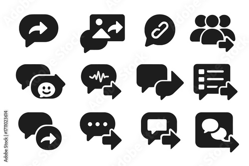 Messaging Icons. Solid style icons of messaging share: forward arrow on bubble, shared image in chat, message with link, group