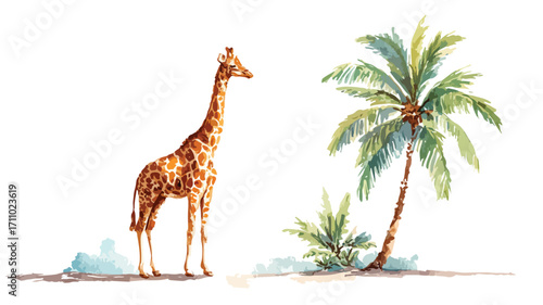 Vivid Watercolor Giraffe and Palm Tree Illustration for Design Projects