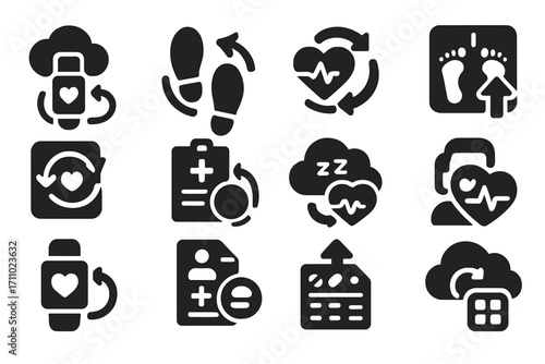 Health Data Sync Icons. Solid style icons of health data sync: fitness tracker cloud, steps data sync, heart rate sync, smart