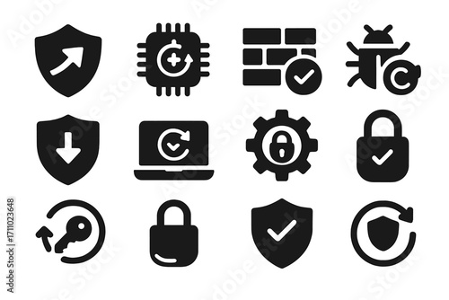 Security Update Icons. Solid style icons of security updates: shield with arrow, antivirus update icon, firewall patch, malware