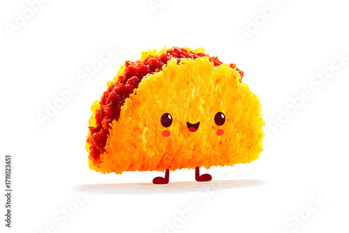 food character illustration, antique illustration of a taco with a face and legs in timeless yellow-red hues, on a white backdrop
