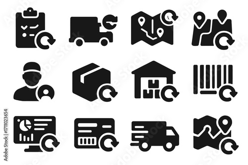Logistics Icons Collection. Solid style icons of logistics and delivery updates: shipment status update, delivery tracker refresh,