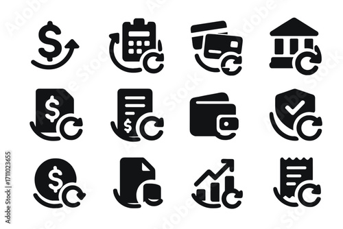 Financial Icons Set. Solid style icons of financial updates: dollar sign with arrow, budget refresh icon, transaction update, bank