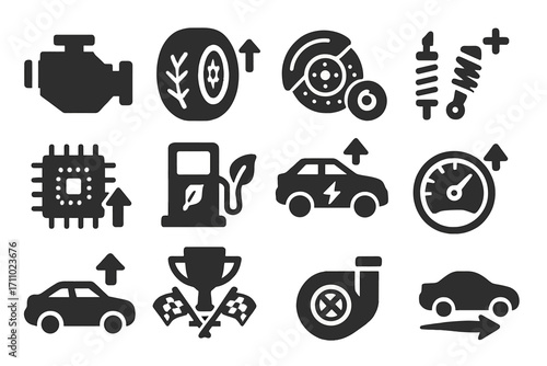 Vehicle Upgrade Icons. Solid style icons of vehicle upgrades: car engine upgrade, tire enhancement icon, brake boost, suspension