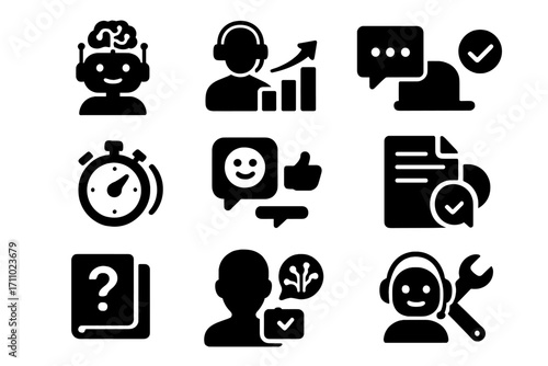 Chatbot Support Icons. Solid style icons of chatbot and support upgrades: chatbot intelligence icon, support tier upgrade, live
