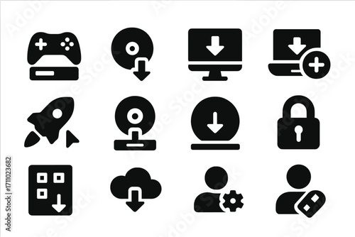 Game Installation Icons. Solid style icons of game installation: game controller with tray, install game disc icon, digital