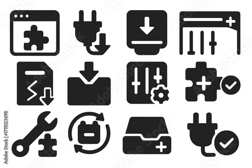 Plugin Install Icons. Solid style icons of plugin and extension installs: browser extension icon, plugin download symbol, widget