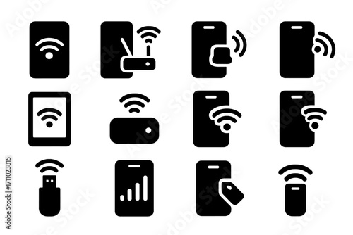 Mobile Wi-Fi Icons. Solid style icons of mobile Wi-Fi: smartphone with signal icon, mobile hotspot icon, tethering symbol, phone