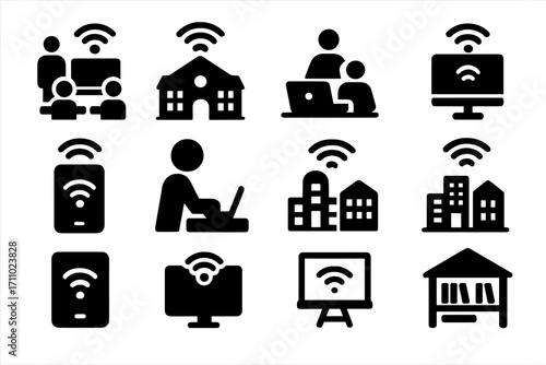 Wi-Fi in Education Icons. Solid style icons of Wi-Fi in education: classroom Wi-Fi icon, school hotspot symbol, online learning