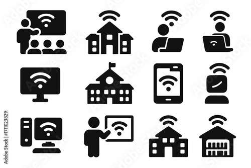 Wi-Fi in Education Icons. Solid style icons of Wi-Fi in education: classroom Wi-Fi icon, school hotspot symbol, online learning