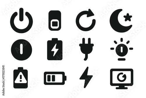 Power Icons Collection. Solid style icons of power status: power button icon, on/off switch, restart symbol, sleep mode icon,