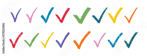 check mark pastel textured doodle hand drawn checkmarks element colorful doodle hand drawn icon set. Check mark line clipart symbol bright colors.