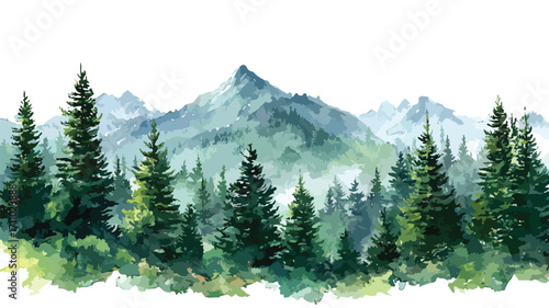 Serene Watercolor Landscape with Mountains and Spruce Trees Border