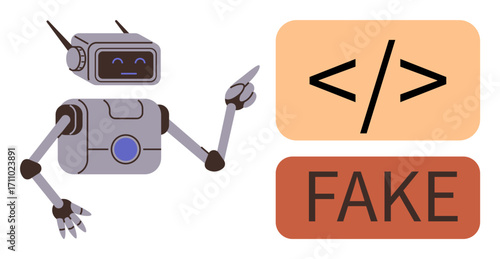 Robot with antennae points at coding tag and fake label, representing programming, AI ethics, misinformation detection. Ideal for tech, education, AI, ethics security innovation awareness. Simple