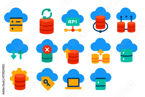 Cloud Database Icons. Flat vector icons of Cloud Databases: cloud server, database sync, API connection, multi-region cluster,
