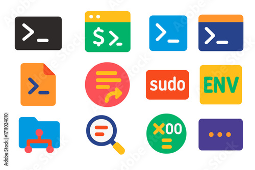 Bright Terminal Icons. Flat vector icons of Terminal Commands: command line icon, bash shell, CLI prompt, terminal window, script