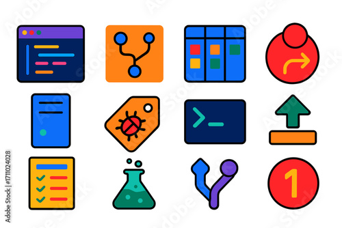 Programming Workflow Icons. Flat vector icons of Programming Workflows: IDE window, code repository, task board, commit icon,