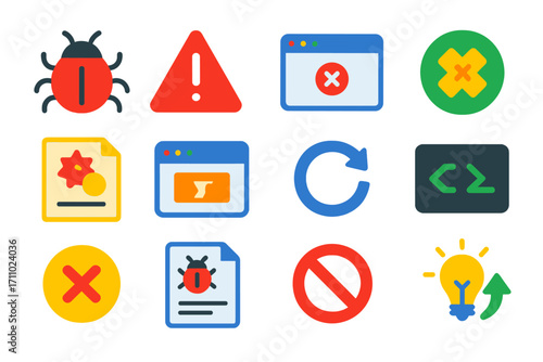 Programming Bug Icons. Flat vector icons of Programming Bugs and Fixes: red bug icon, warning alert, error message, fix patch,