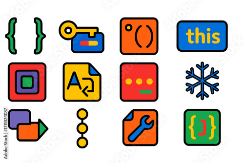 JavaScript Object Icons. Flat vector icons of JavaScript Objects: object braces, key-value pair, object method, this keyword,