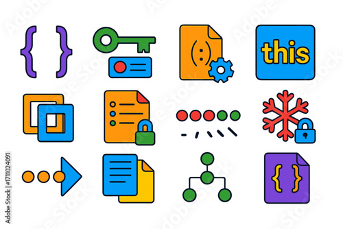 JavaScript Object Icons. Flat vector icons of JavaScript Objects: object braces, key-value pair, object method, this keyword,