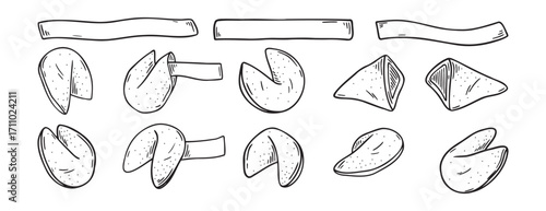 Chinese fortune cookies doodle hand drawn icon set. Outline drawing Chinese fortune cookies line clipart symbol collection