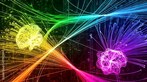 Abstract graphic of interconnected neural pathways over a circuit board background.