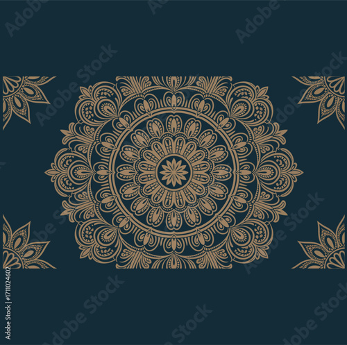 Ornate gold mandala pattern on dark teal background with corner accents golden