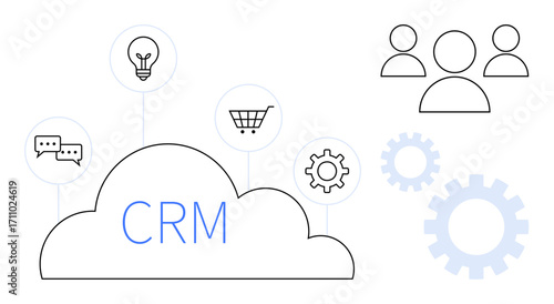 Cloud labeled CRM connected to icons of communication, shopping cart, light bulb, gear system, and user profiles. Ideal for business tools, team collaboration, customer management, innovation