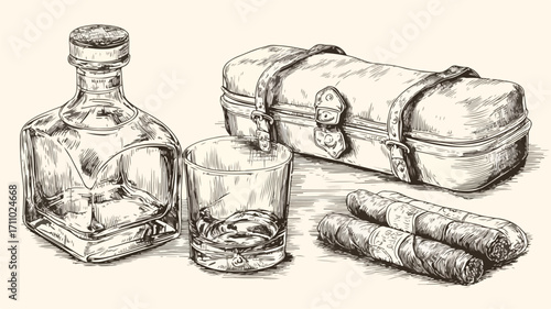 Vintage Whiskey and Cigar Sketch Vector Illustration for Professionals