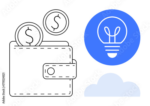 Open wallet with coins, blue light bulb icon, and cloud symbolizing finance, savings, ideas, creativity, innovation, investment and entrepreneurial thinking. Ideal for business presentations or
