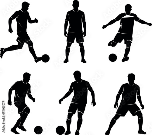 Silhouettes of Soccer Players in Action with Ball – Athletic Poses, Dribbling, Kicking, Running, Sports Training, Dynamic Football Vector Set