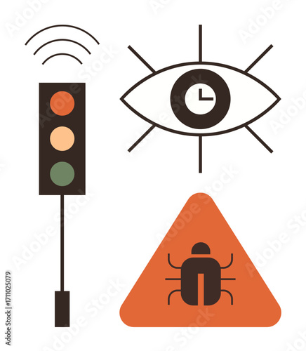 Traffic light with wireless signals, eye with clock inside, triangular warning sign with bug icon. Ideal for communication, security, time management, monitoring, alerts, automation risk awareness