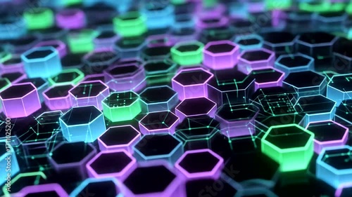 A vibrant display of interconnected hexagons with glowing lines.