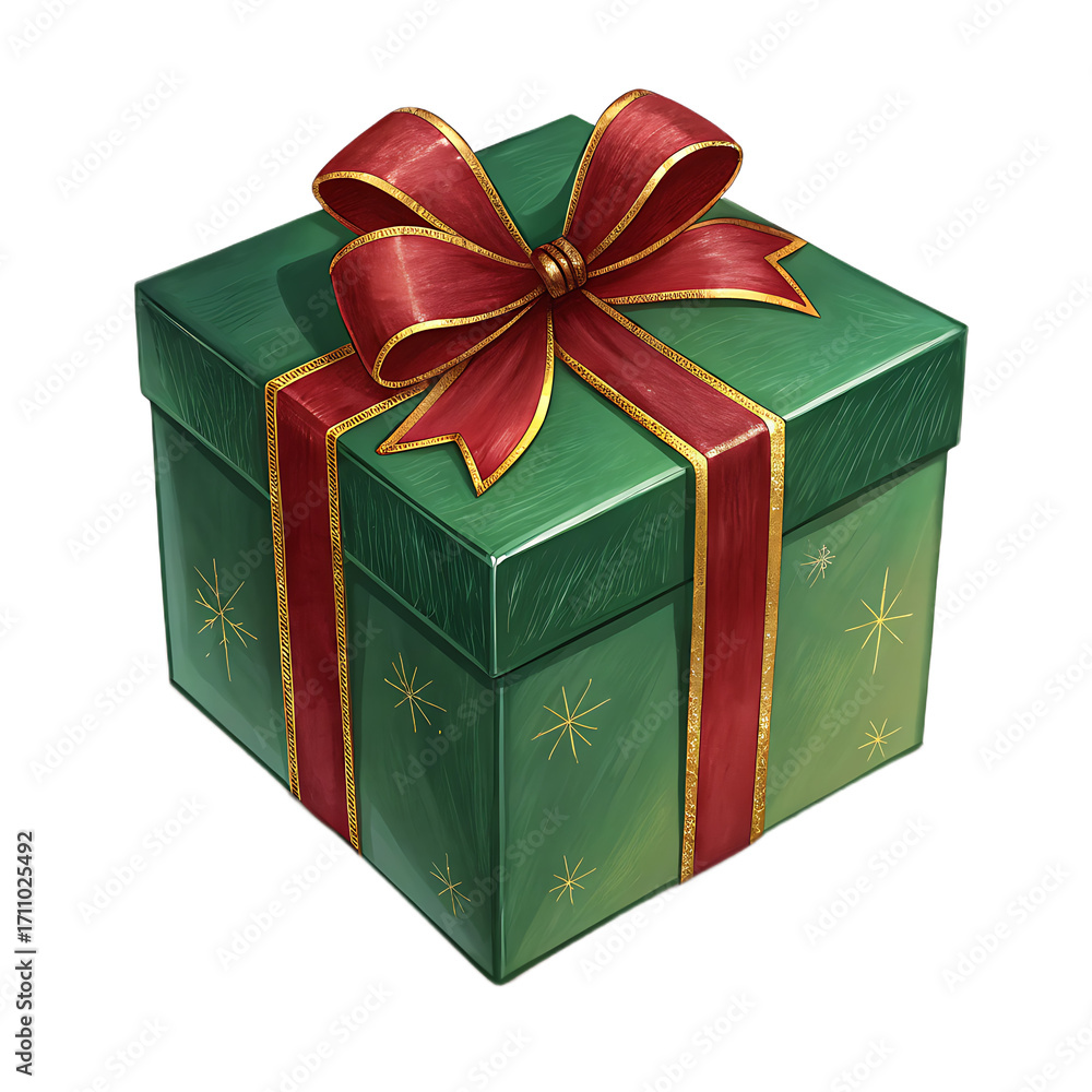 Obraz premium A green gift box with a red and gold ribbon and bow sits against a black background in a square format