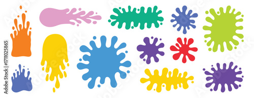 Round ink splatter flat collection. Paint splash shapes colorful set. decorative shapes liquids. Grunge splashes and in groovy cartoon style