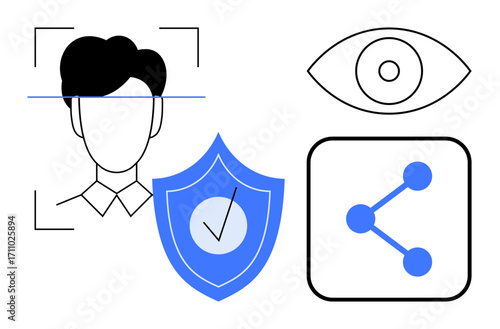 Face scan icon, shield with check mark, eye symbol, and connected nodes. Ideal for data security, privacy, biometrics, digital identity, surveillance information sharing simple landing page