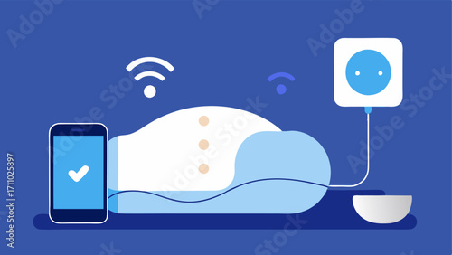 Adaptive Sleep Tracker An illustration of a pillow with a small sensor attached linked to a smartphone displaying sleep quality metrics catering to users with sleep disorders.