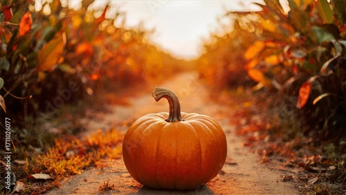 Lone Pumpkin Centered On Cornfield Path At Sunset, Golden Stalks And Fallen Leaves Embrace Harvest Field Background