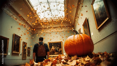 Autumn Gallery Pumpkin Under Leaf Filled Skylight, Art Viewer And Warm Architecture, Whimsical Indoor Scene Creative Museum Background