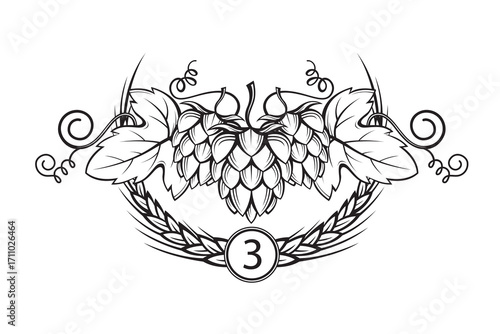 black illustration of hop and barley ear for brewing isolated on white background