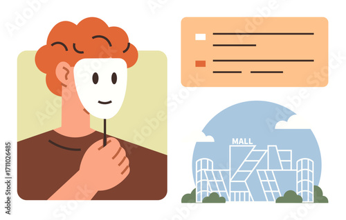 Individual holding a white mask, mall building illustration, and checklist element. Ideal for identity, anonymity, consumerism, decision-making, psychology societal roles self-expression. A simple