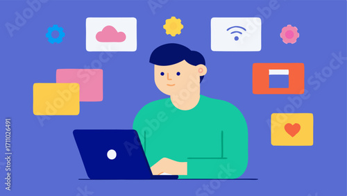 Assistive Technology A remote worker with a cognitive disability uses a tablet with colorful icons on a touch screen to organize their tasks. Sticky notes with reminders are tered