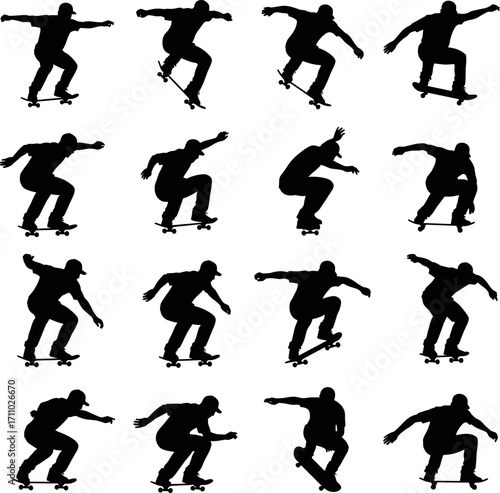 Skateboarding silhouette vector set showing dynamic tricks, stunts, jumps, balance poses, extreme sport action, urban lifestyle, black icons collection