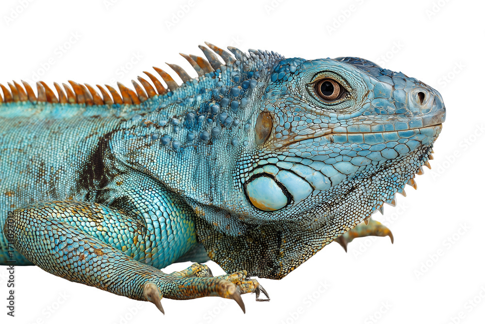 Fototapeta premium Vibrant Blue Iguana Close-up on Transparent Background