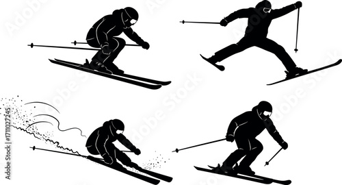 Skiing Silhouette Vector Set of Winter Sports Athletes Performing Jump, Turn, Descent, and Downhill Poses in Black Isolated Style