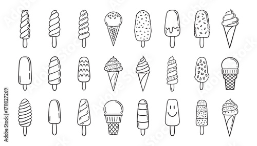  ice cream doodle hand drawn icon set. Outline drawing ice cream line clipart symbol collection