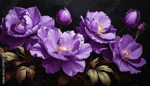Vibrant purple peonies with dark background create a captivating floral still life.